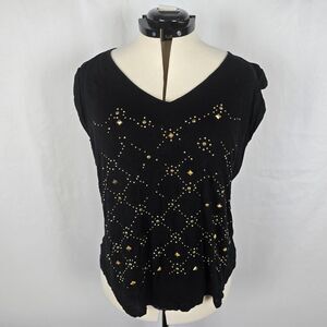 Jennifer Lopez Blouse Women's XL Black Gold Studs Cap Sleeve V-Neck